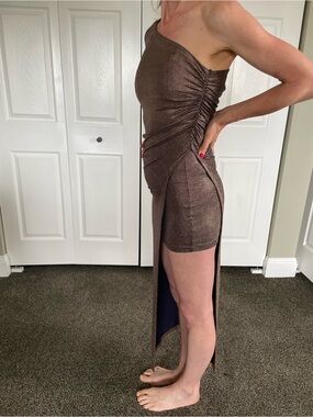Zara One-Shoulder Metallic Copper Ruched Side-Slit Dress